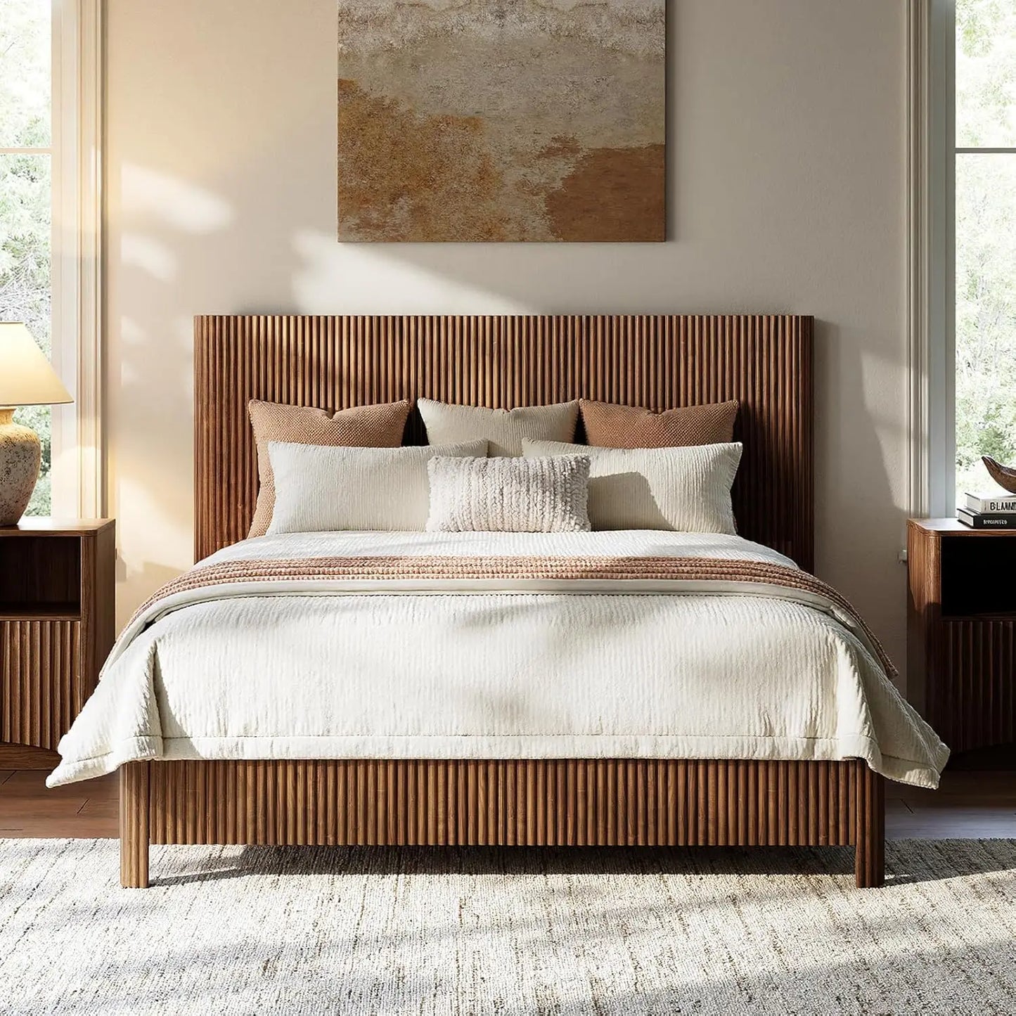 Walnut Queen Platform Bed Frame Fluted Mid Century Modern Boho No Box Spring Wavy Grooved Panel, Customized