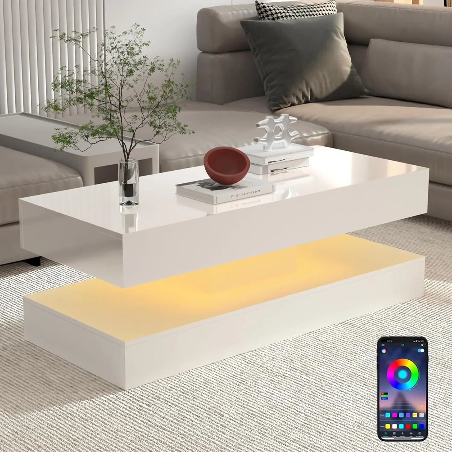 QiaoShiRen Modern Coffee Table With LED Lights And Dual Drawers