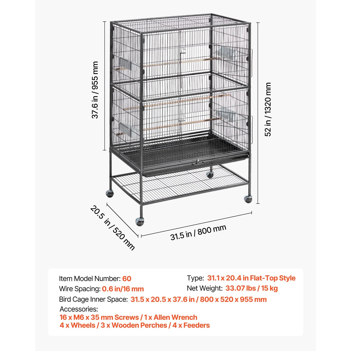 SucceBuy Bird Cage Open Flat Top Wrought Iron with Perches Slide-Out Tray and Plastic Feeders Casters for Diverse Bird Species
