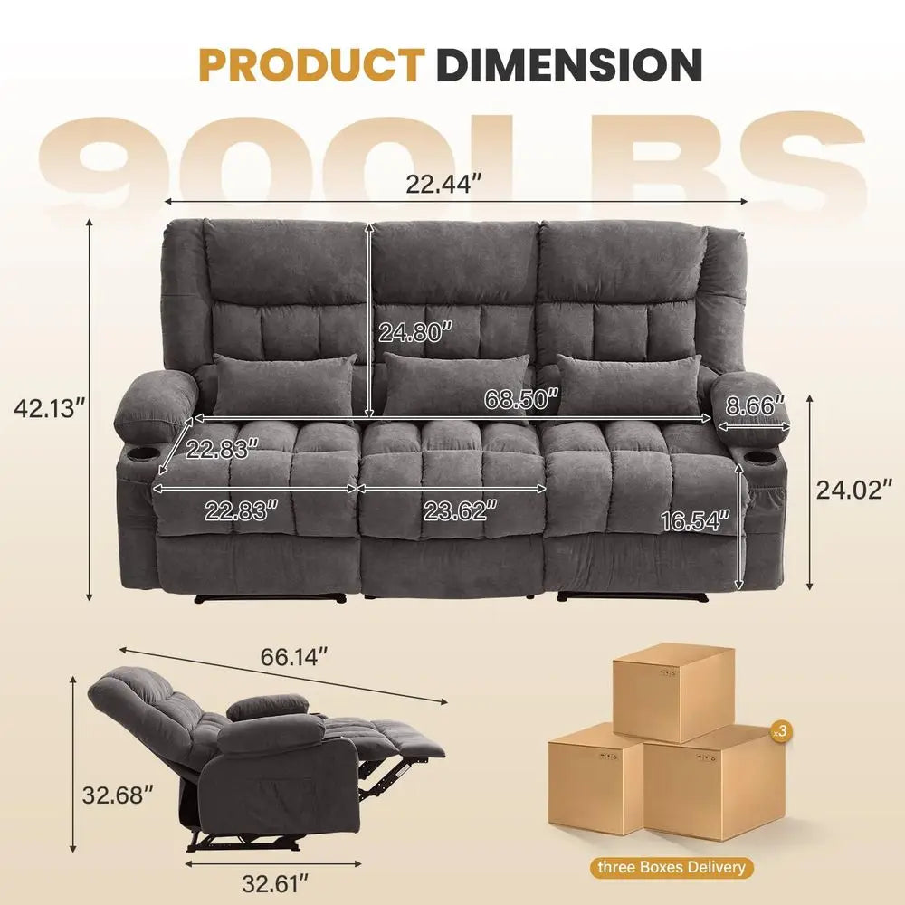 Reclining Sofa with Cup Holders for Living Room 3 Seat Manual Sofa Recliner with Side Pocket