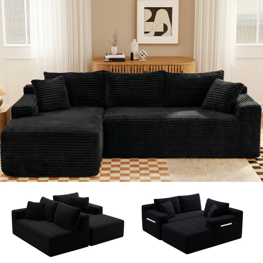 94.5" Cloud Modular Sectional Corduroy Sofa with L-Shape Chaise, No Assembly Deep Seat Corner Couch for Living Room, Black
