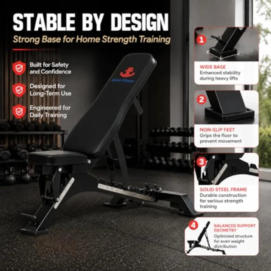 Adjustable Workout Bench for Home Gym, Steel Frame, Black, 1300LB Capacity 7-Position Backrest