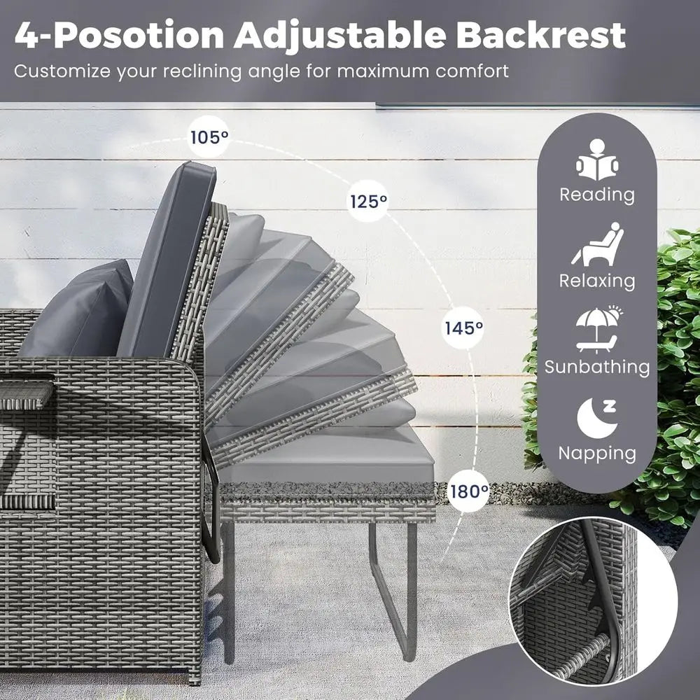 Outdoor Rattan Daybed Set with Loveseat, Storage Ottoman, and Adjustable Backrest for Patio, Deck, or Poolside in Mixed Grey