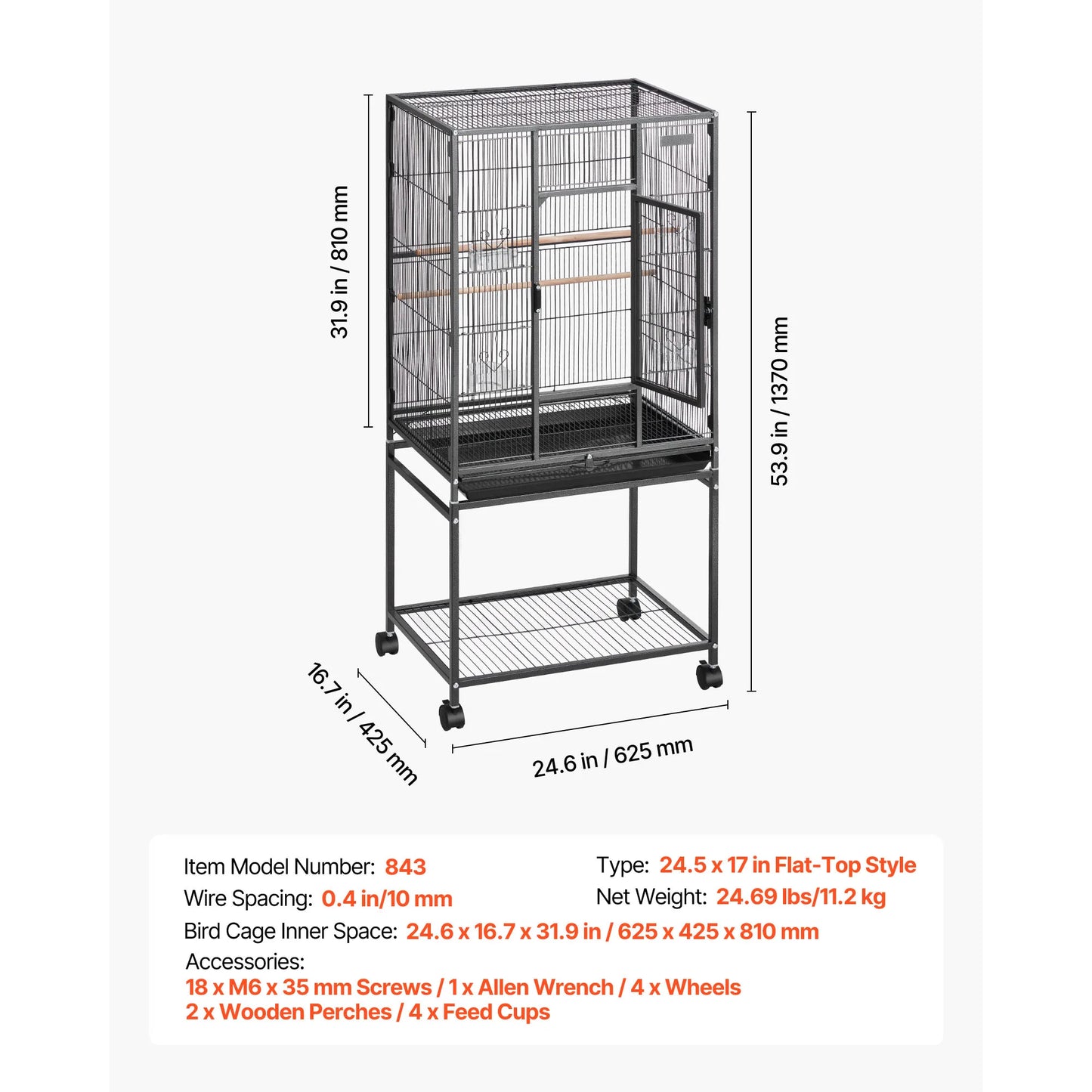 SucceBuy Bird Cage Open Flat Top Wrought Iron with Perches Slide-Out Tray and Plastic Feeders Casters for Diverse Bird Species