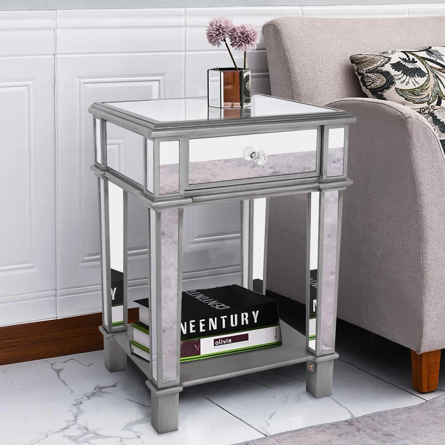Modern Silver Mirrored Wood And Glass End Table With Drawer
