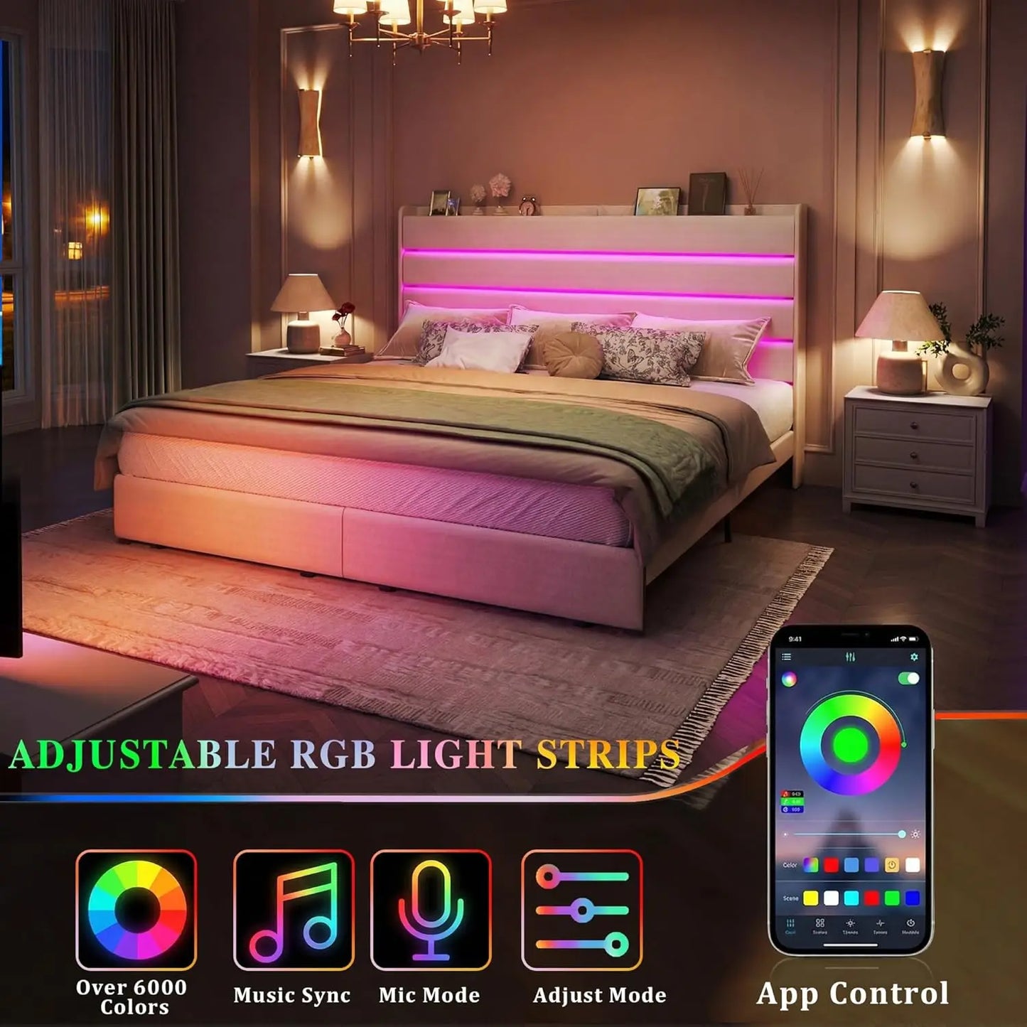 Queen Velvet Upholstered Storage Bed Frame with LED Light, USB Charging Station, Metal Slats Platform, White, Customized
