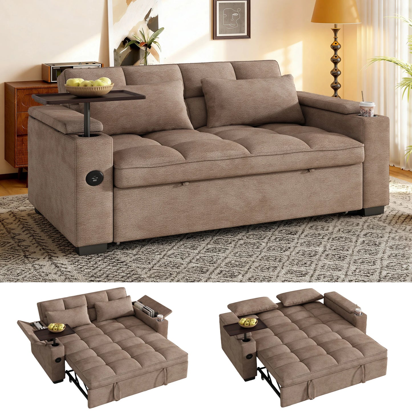 Convertible Folding Sofa Bed With Corduroy Fabric And USB Charging