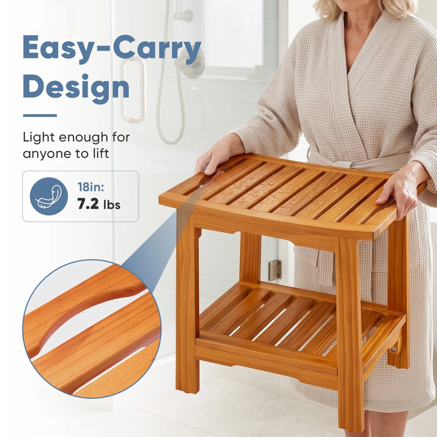 JHK Wooden Bathroom Shower Bench With Storage Shelf Handles