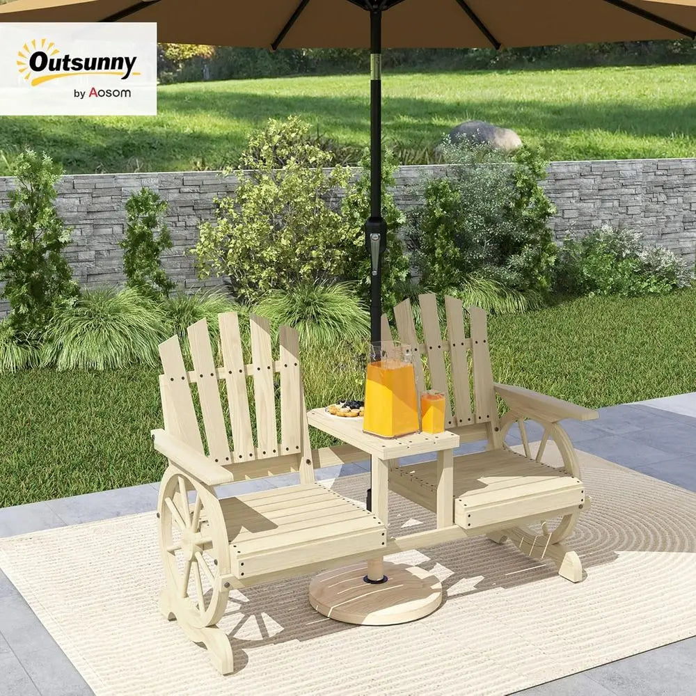 2-Seater Wooden Garden Bench with Table, Umbrella Hole, Wagon Wheel Design, Slatted Seat, High Backrest, Armrests