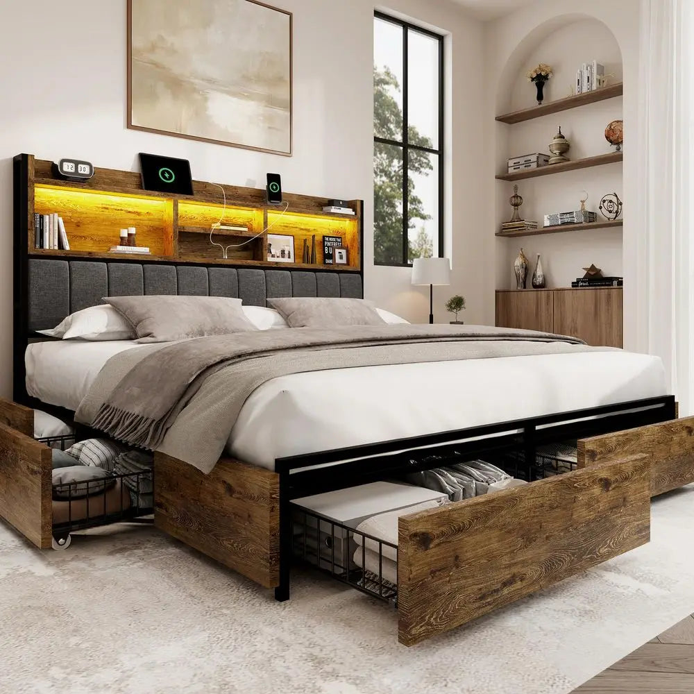 King Bed Frame with 6 Storage Drawers, Linen Upholstered Headboard, Builtin USB Charging Station amp LED Lighting, Silent Metal
