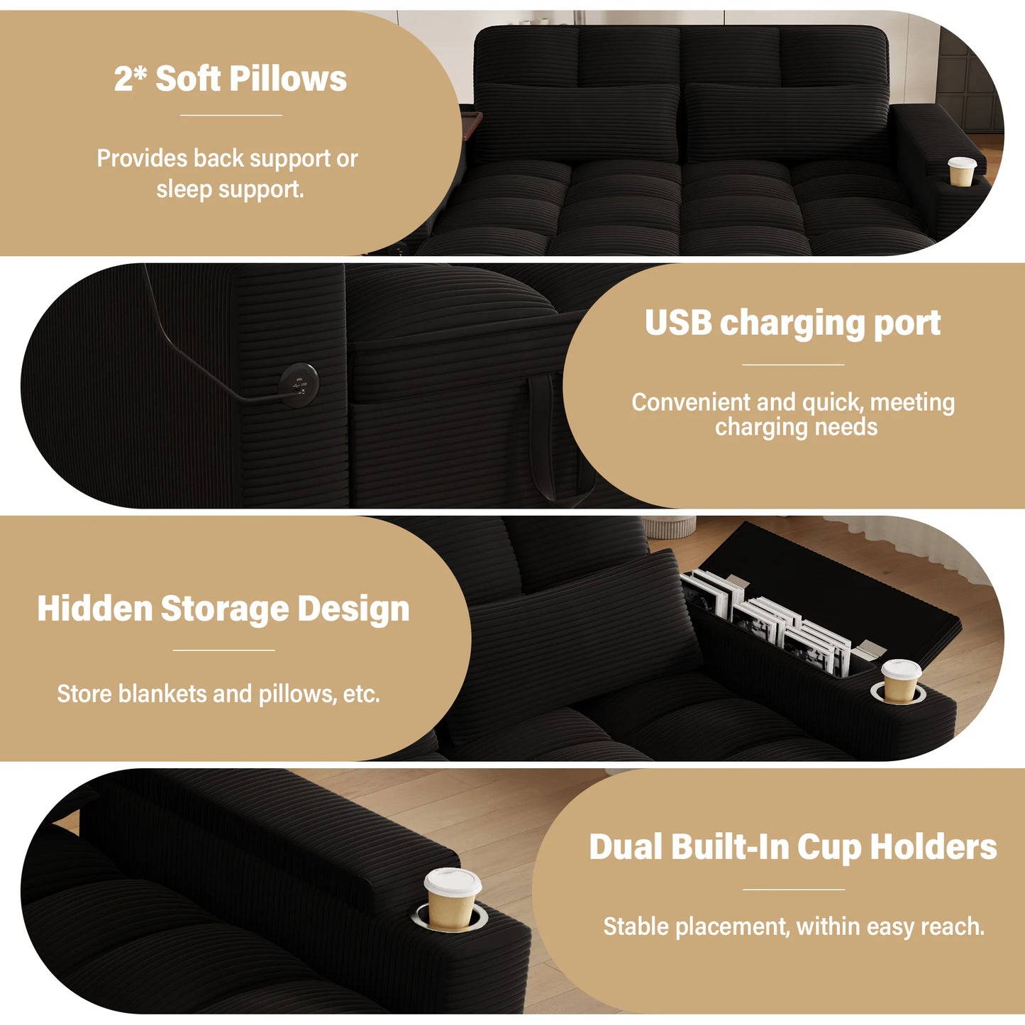 Convertible Folding Sofa Bed With Corduroy Fabric And USB Charging