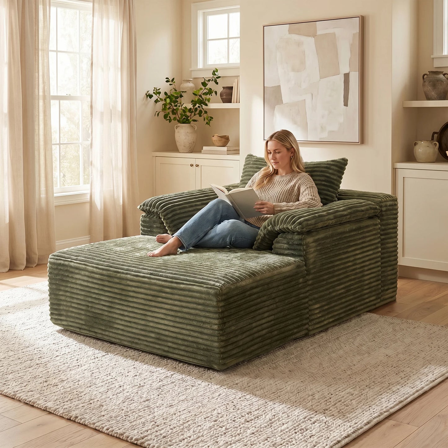 Corduroy Fabric Sofa Bed Lounge Chair With Plush Pillows