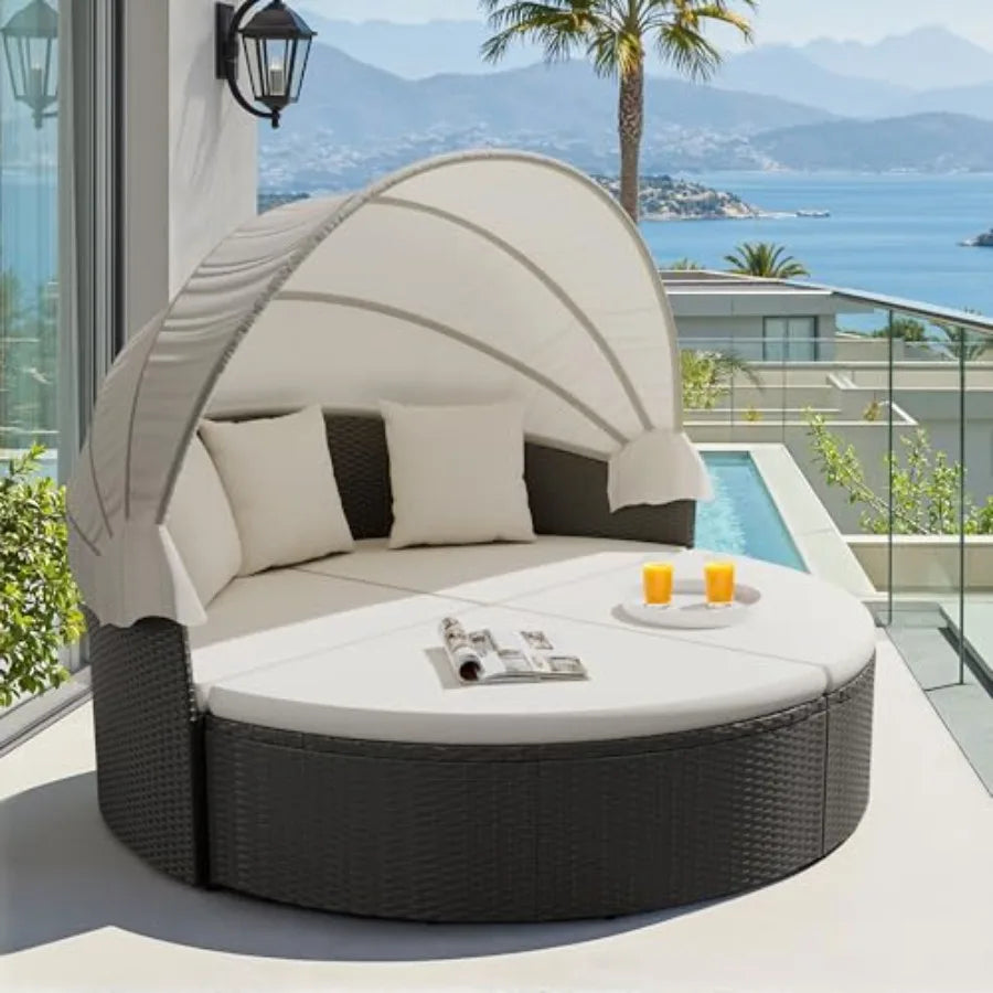 MDNG Outdoor Round Patio Daybed With Retractable Canopy