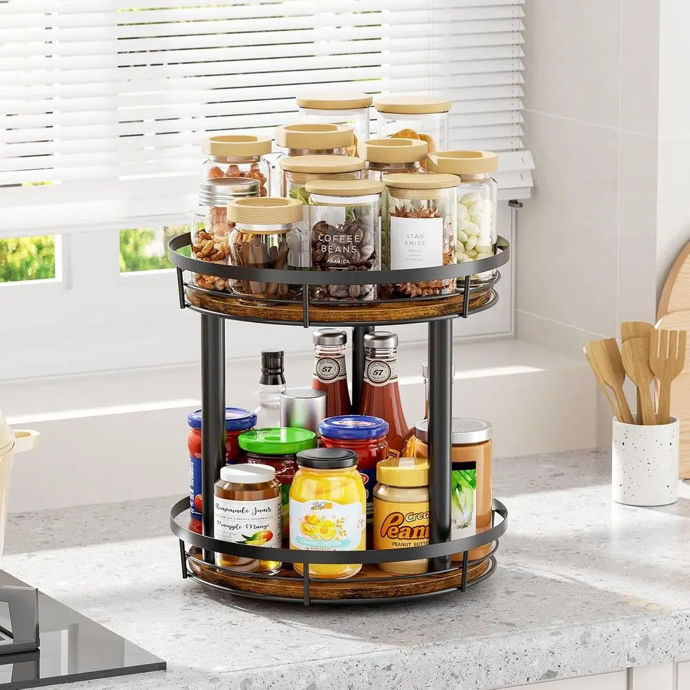 10 Wood Lazy Susan Spice Rack Organizer, 2 Tier Spice Organization, Countertop, Kitchen, Table Top, Pantry, Condiment and Season