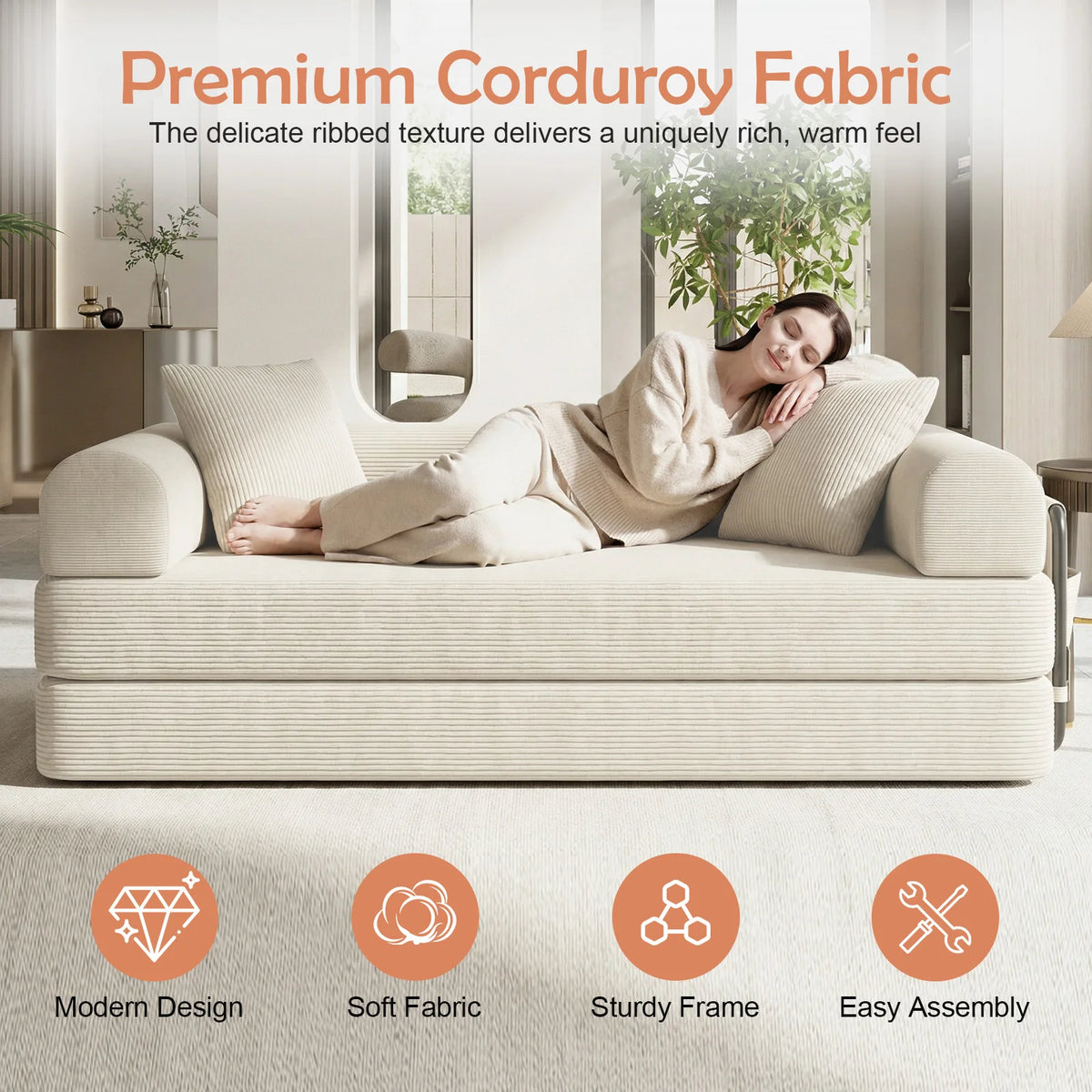 Convertible Compression Sofa Bed High Density Foam Corduroy Upholstery Space Saving Portable Sleeper Sofa for Guest Room Home