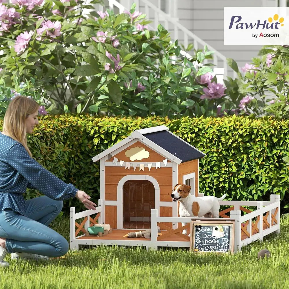 Outdoor Wooden Dog House With Porch And Weatherproof Openable Roof