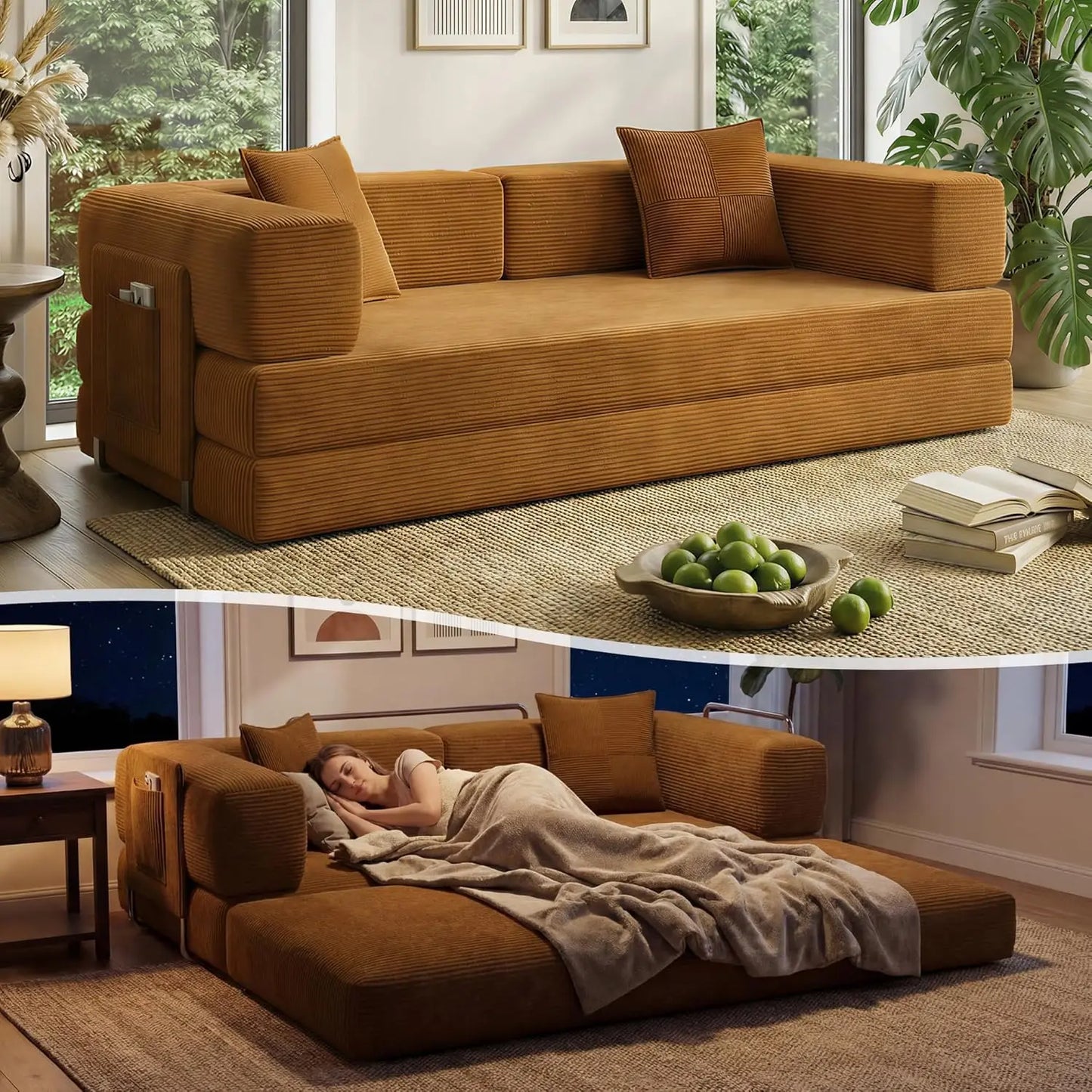 78.8" Convertible Sofa Bed with Armrest Pillow, 4-in-1 Sleeper Couch Bed for Livingroom, Modular Corduroy Boneless, Customized