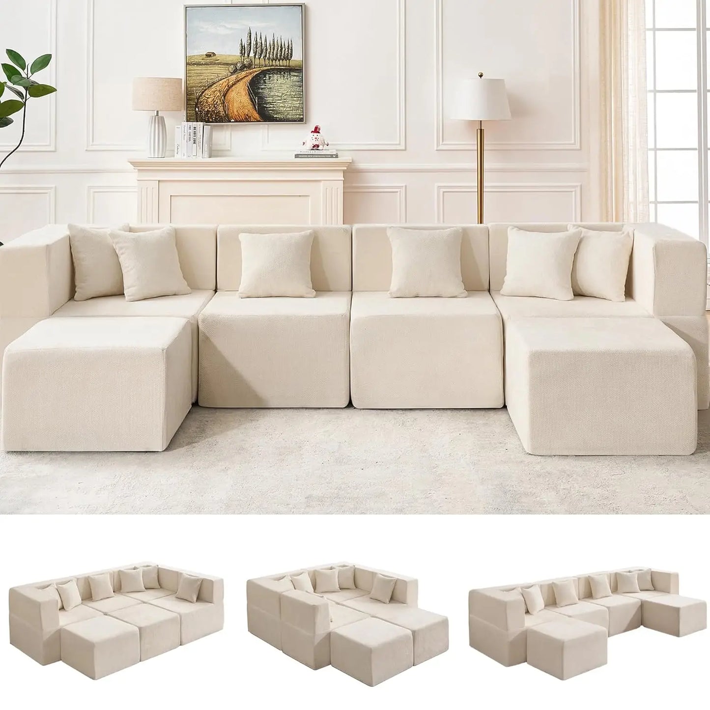 Modular Sectional Cloud Couch for Living Room - 130'' 6 Seater Convertible Chenille Couches Set with Ottoman, No, Customized