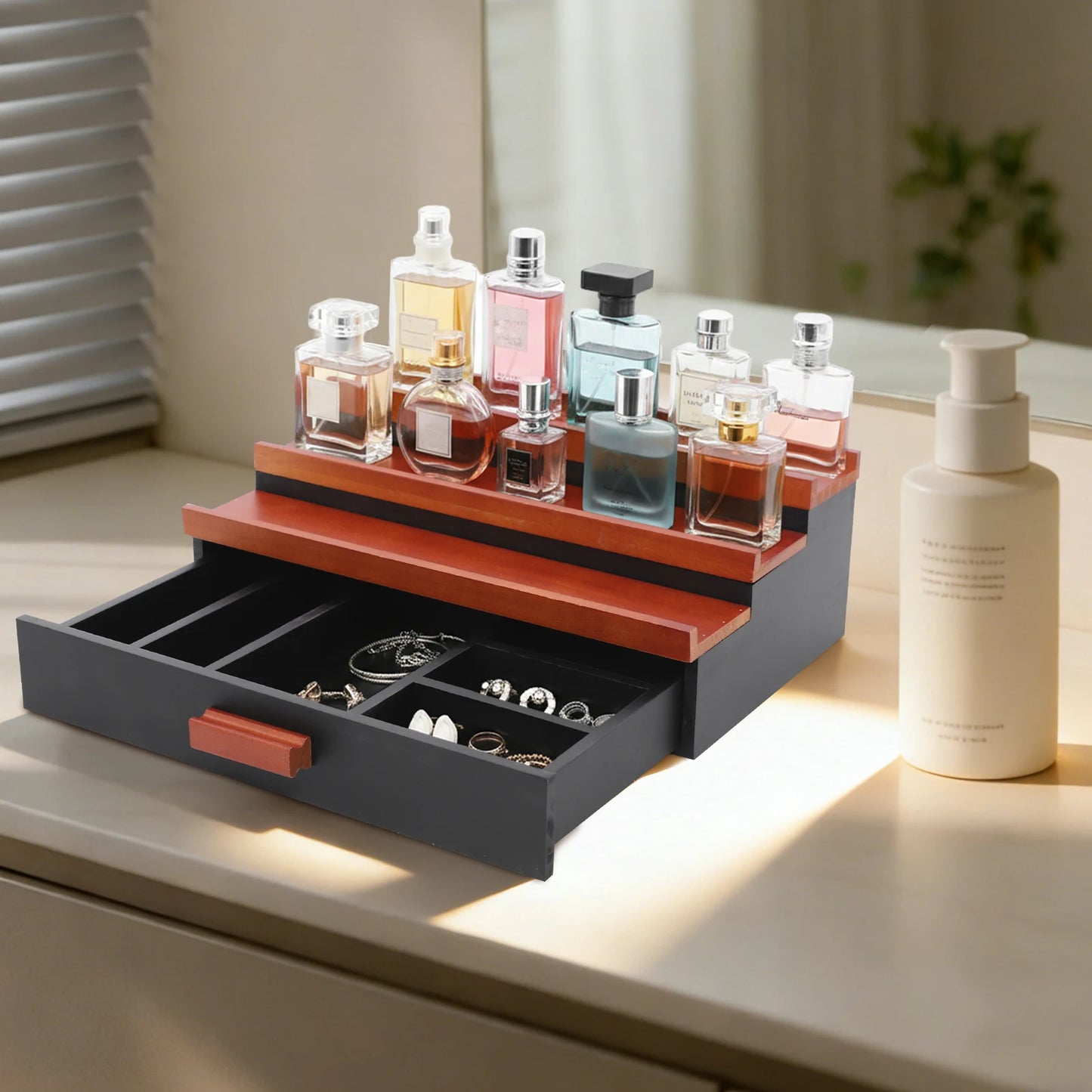 Wood 3 Tier Perfume Organizer With Drawer Display Stand