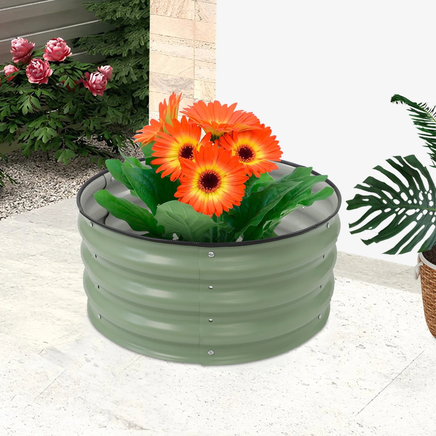 Bymaocar Round Metal Planter Set Galvanized Raised Garden Boxes 2 Pieces