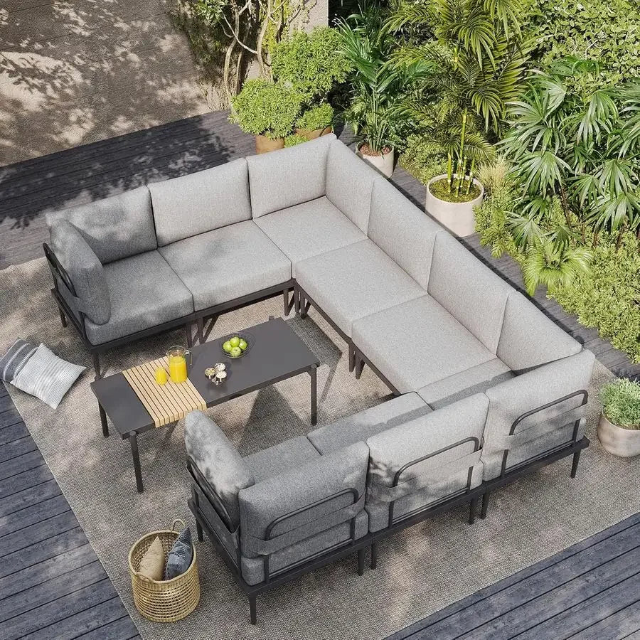 9 Pieces Patio Furniture Set, UShaped Outdoor Sectional Sofa with 6 Inch Olefin Cushion and Coffee Table, Modern Metal Outdoor