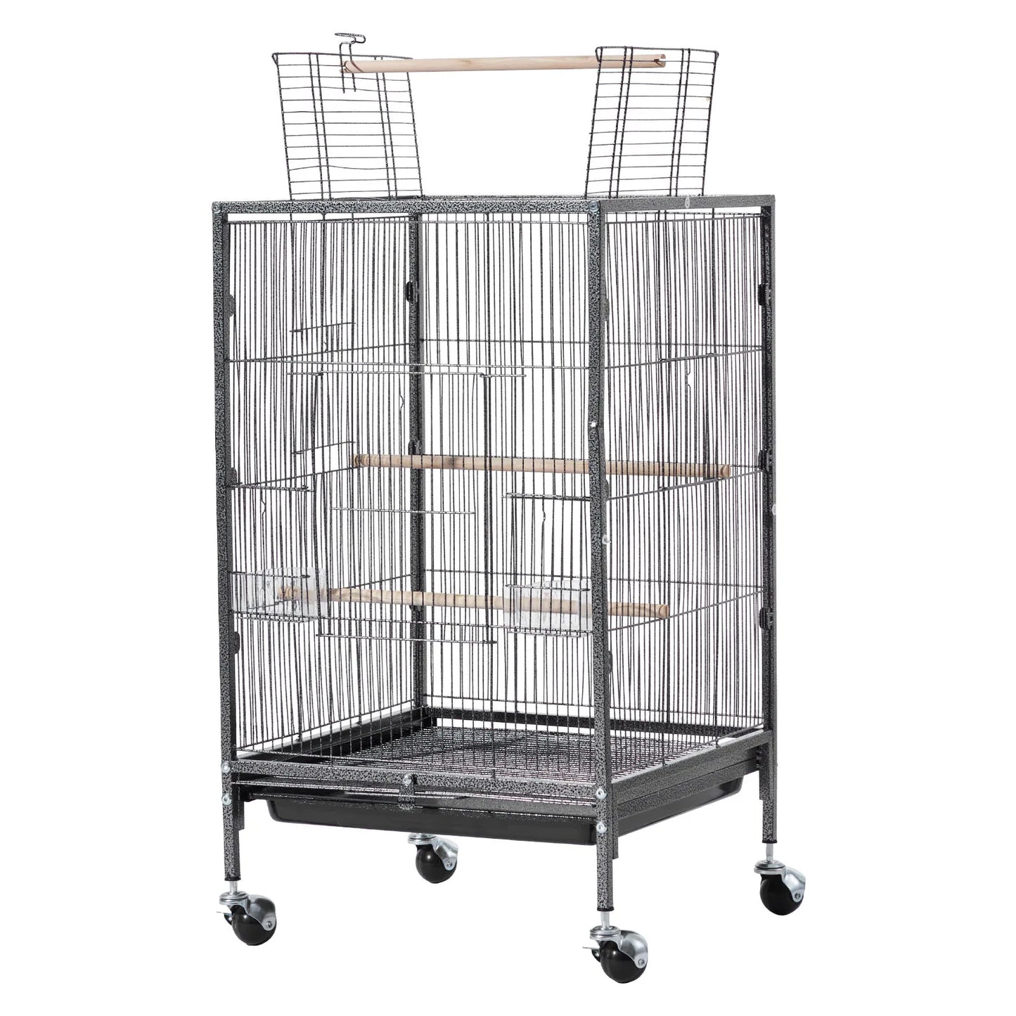 SucceBuy Bird Cage Open Flat Top Wrought Iron with Perches Slide-Out Tray and Plastic Feeders Casters for Diverse Bird Species