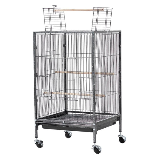 SucceBuy Bird Cage Open Flat Top Wrought Iron with Perches Slide-Out Tray and Plastic Feeders Casters for Diverse Bird Species