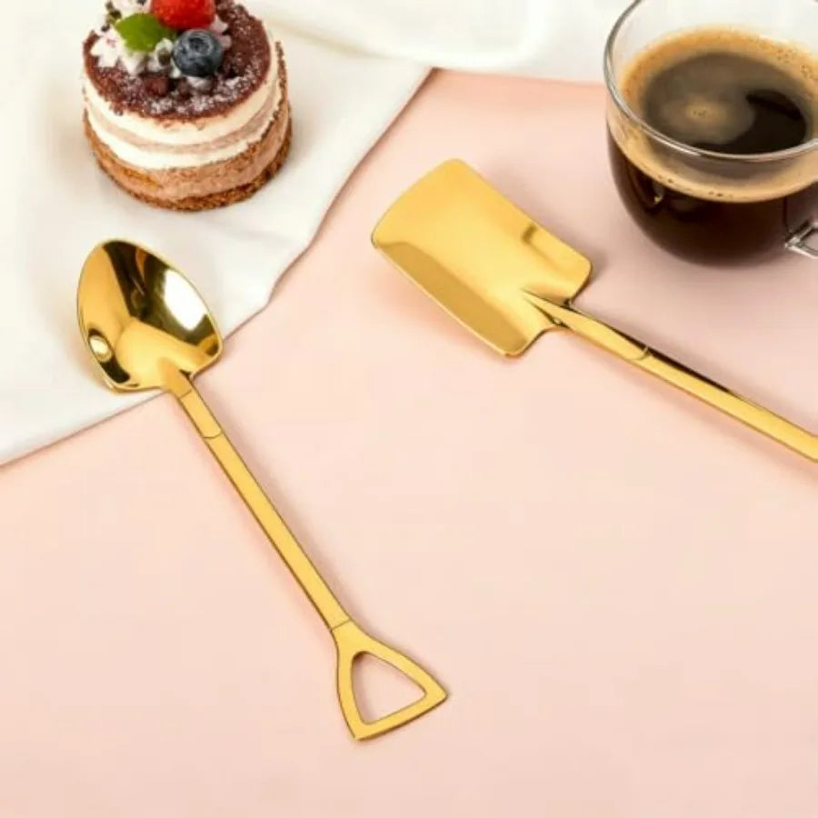 Golden Shovel Spoons for Desserts Coffee Tea Grapefruit Spoons Set of 2 Flat Watermelon Ice Cream Spoons Gold Color Luxury Kitc