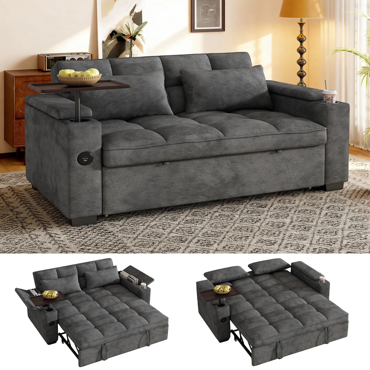 Convertible Folding Sofa Bed With Corduroy Fabric And USB Charging