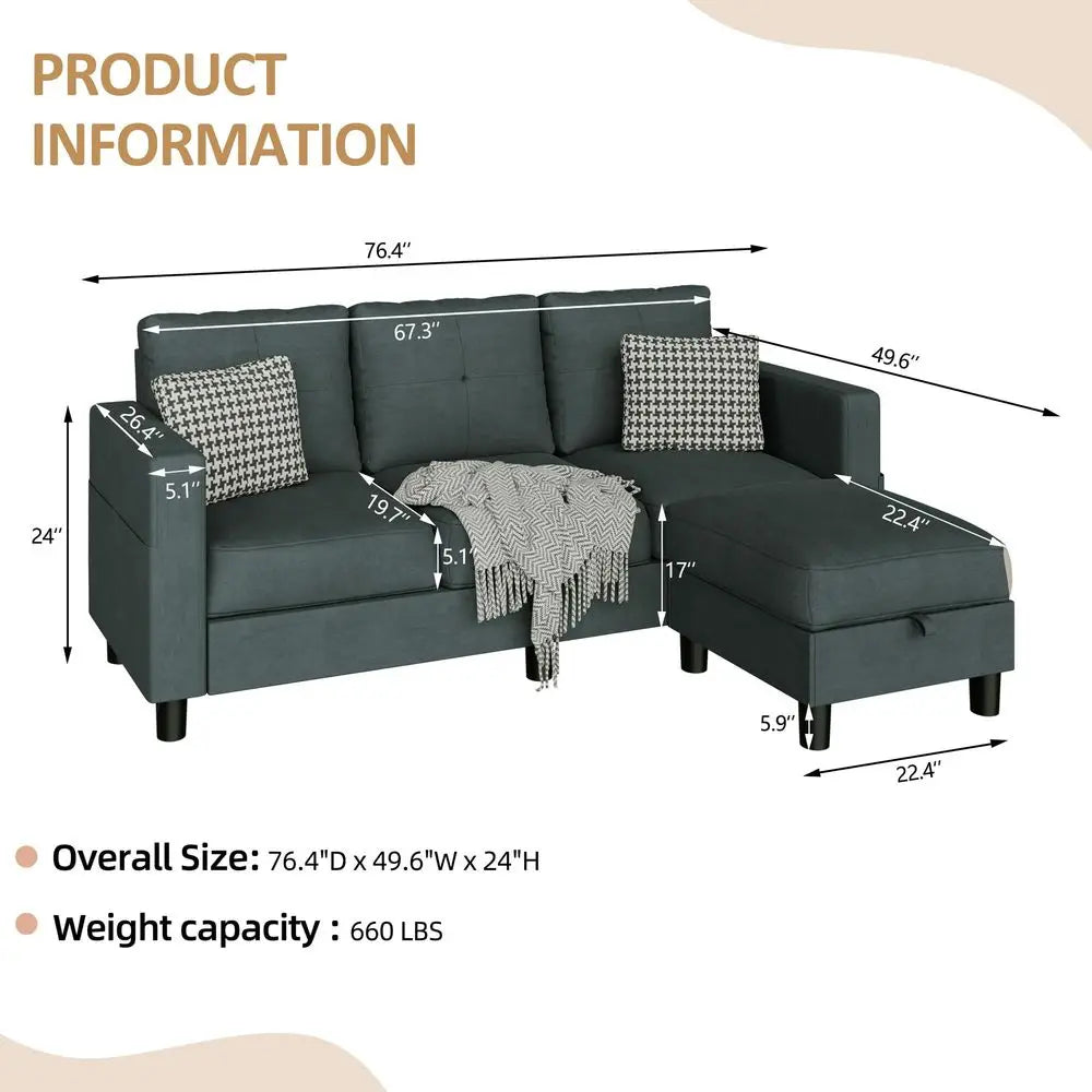 Convertible LShaped Sectional Sofa with Reversible Storage Ottoman, 3Seat Modern Fabric Couch for Living Room, Small Space Apar