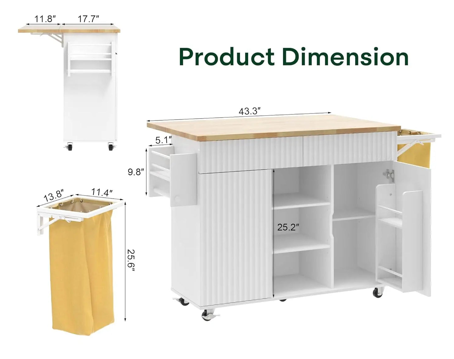 Kitchen Island with Drop Leaf, Rolling Cart with Trash Bag, Cabinet, Drawers & Spice Rack, 43.3"x29.5", Customized