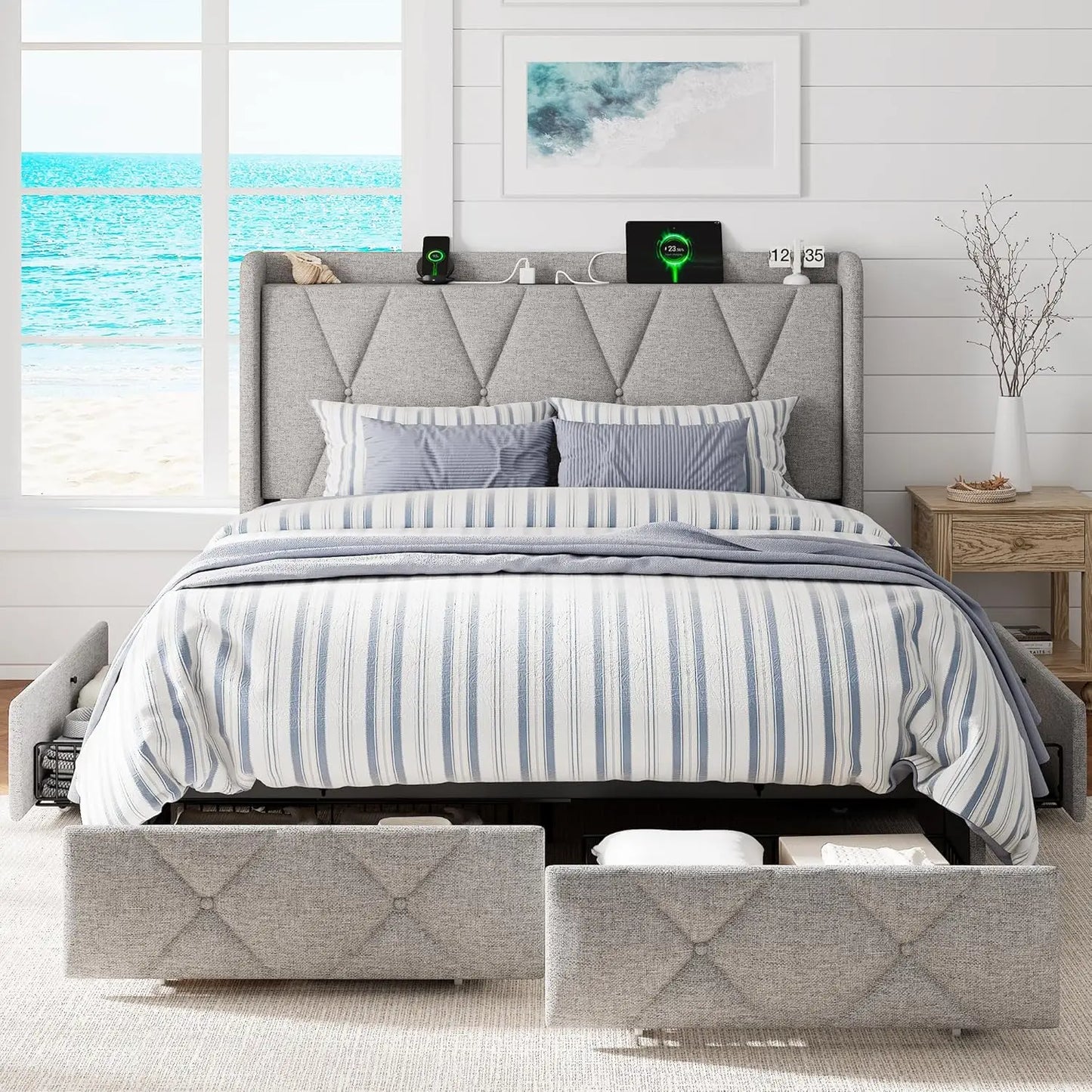 Full Size Upholstered Bed with 4 Storage Drawers, Charging Station, Wingback Headboard, Noise-Free, Black, Customized