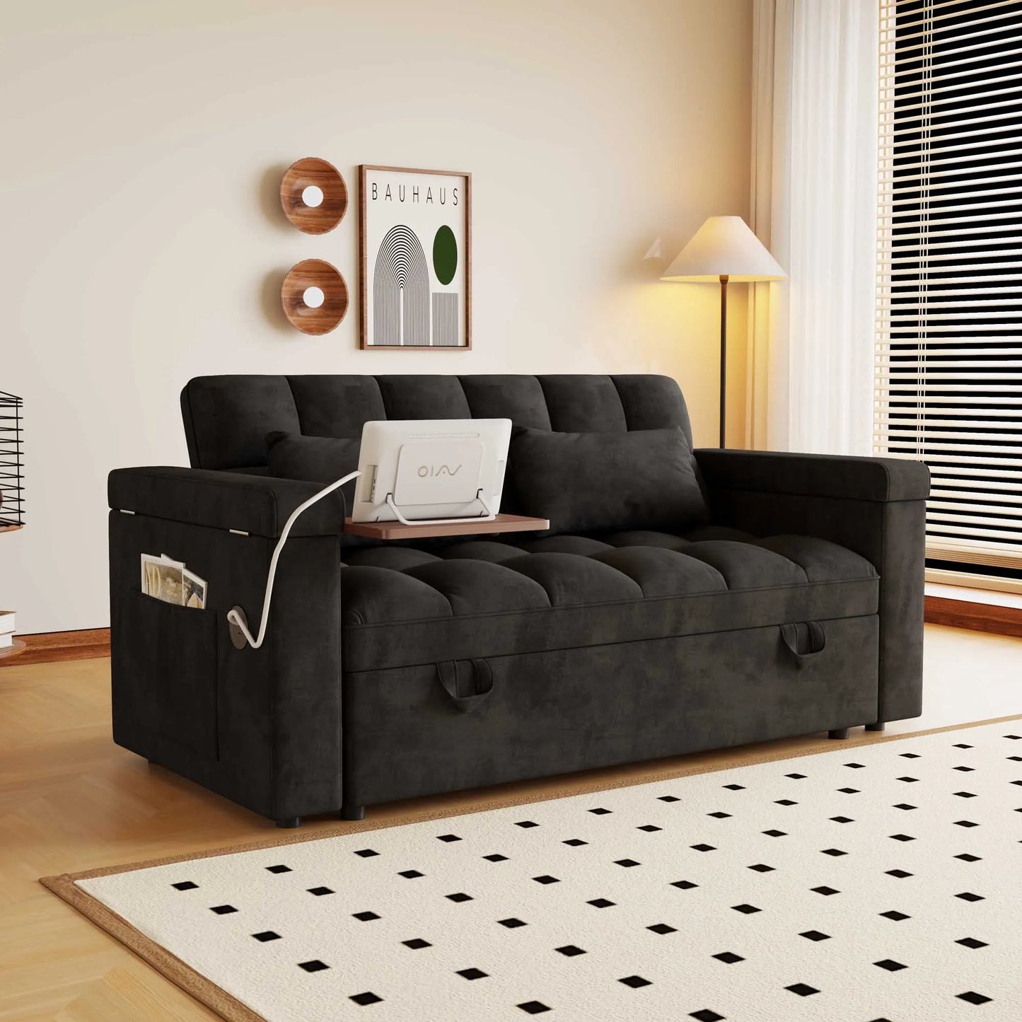 Adjustable Foldable Sofa Bed With USB Port And Storage Armrests