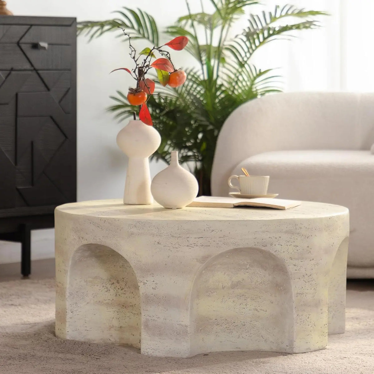 36" Oval Coffee Table, Modern Faux Stone Circle Center Table Accent Travertine Tea Table for Living Room, Magnesium, Customized