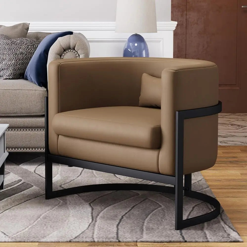 Faux Leather Barrel Accent Chair With Sturdy Metal Legs for Living Rooms