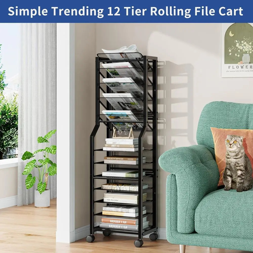 12 Tier Rolling Cart Desk Organizer with Sliding Trays and Metal Mesh Paper Letter Storage Multi-functional Rolling Clutter Cart