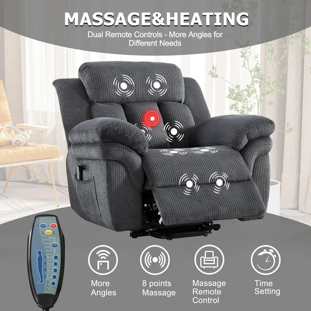 46" Oversize Power Lift Recliner Chair, Extra Large Electric Recliner for Elderly, Massage Heat USB-C, Grey
