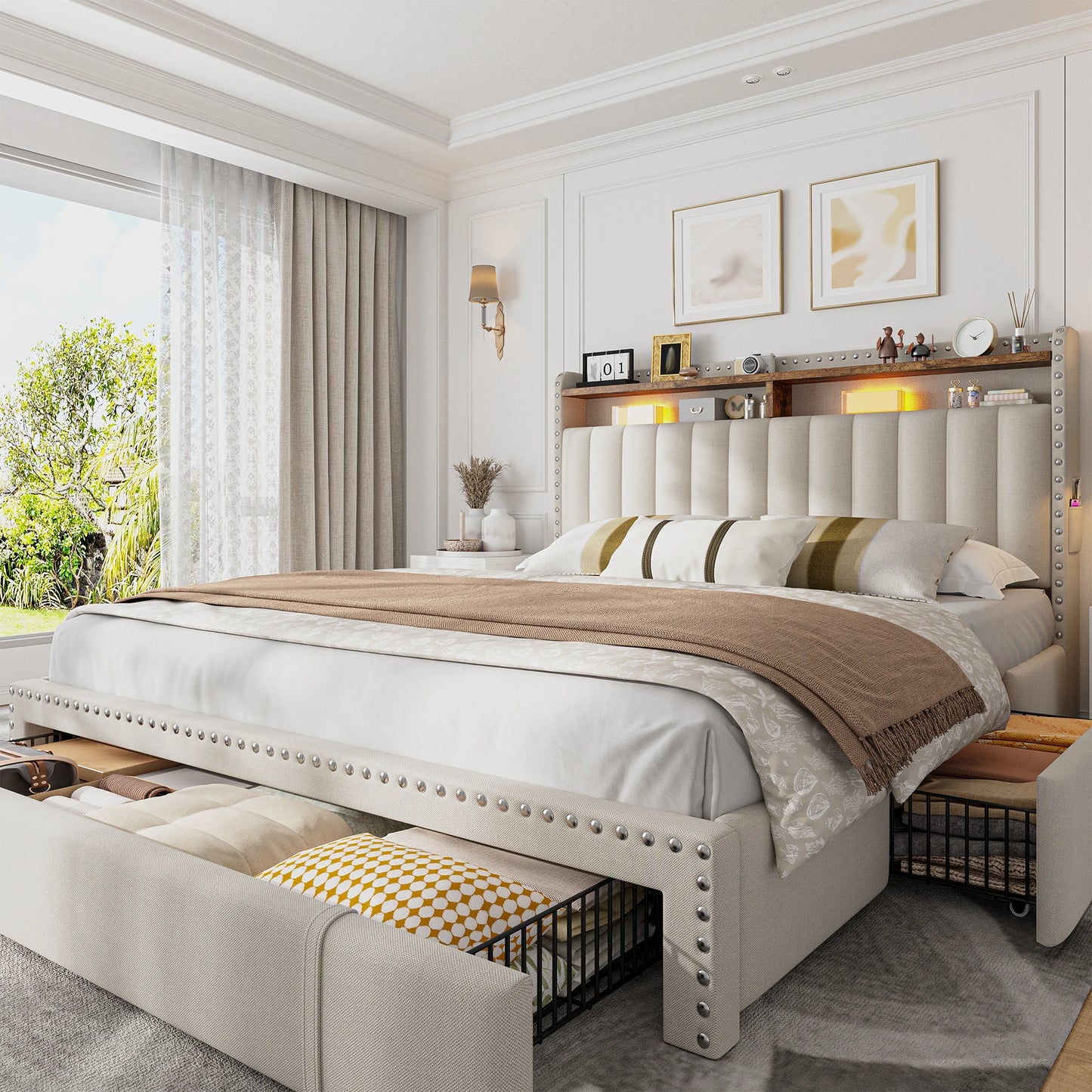EnHomee Upholstered Platform Bed Frame With Three Storage Drawers