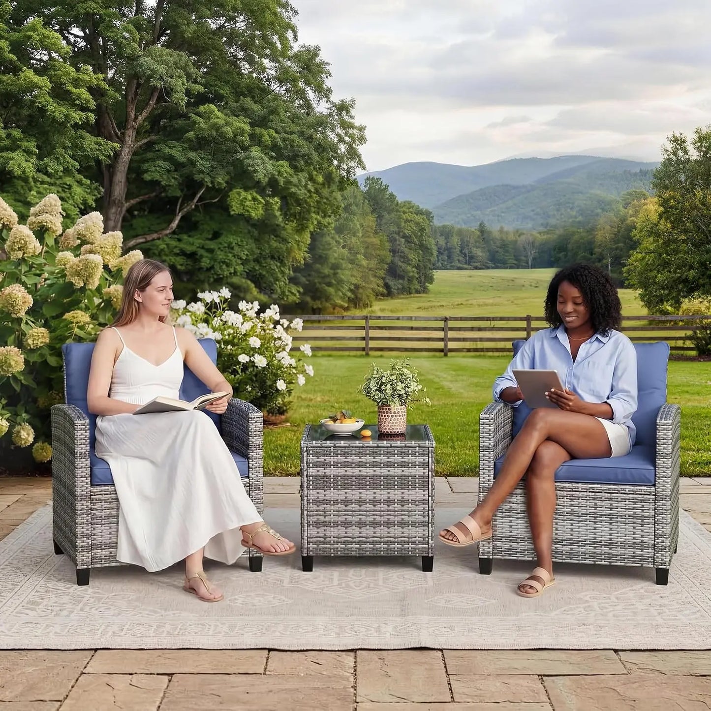 3 Pieces Office Furniture Set for Meeting Relaxation Interview Talking, Outdoor Wicker Rattan Chairs with Side Table, All-Weather Conversation Set with Cushions for Balcony, Porch, Backyard
