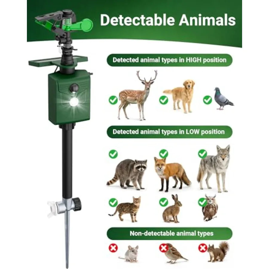 Outdoor motion-activated solar sprinkler for deer, cat, raccoon deterrence; weather-resistant ABS plastic, black finish, 120 de