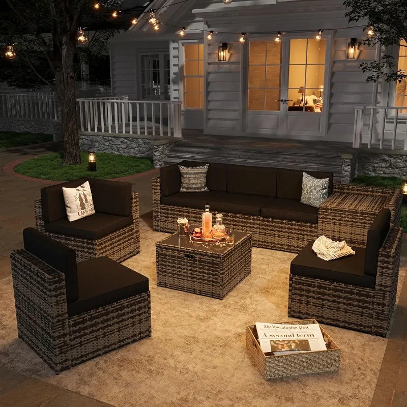 Patio 8 Piece Wicker Furniture Set With Hidden Storage Table