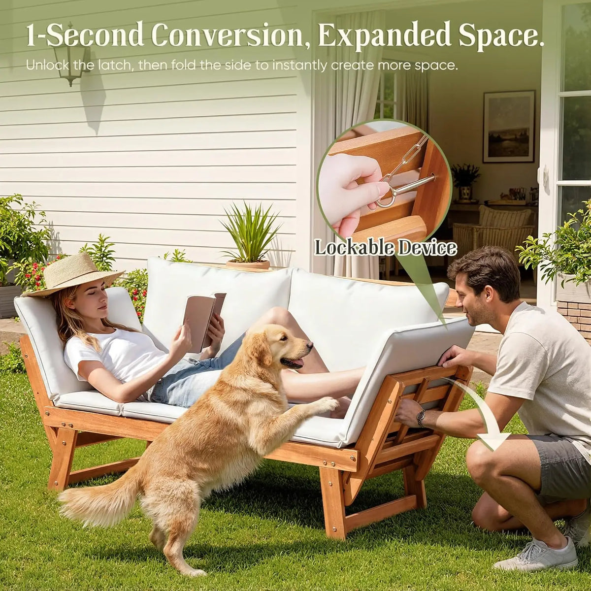 Adjustable Armrest Acacia Wood Outdoor Loveseat Soft Cushion Convertible Balcony Porch Backyard Furniture White Customized
