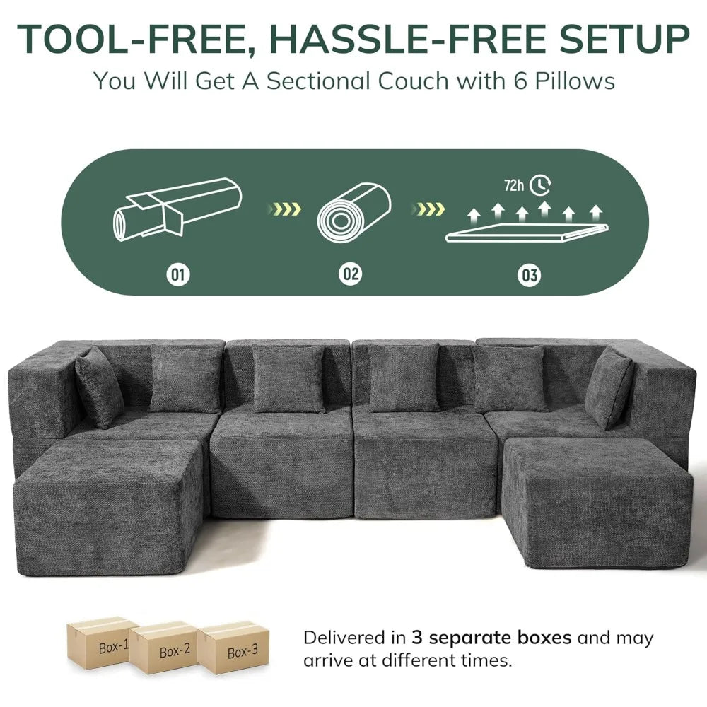 Modular Sectional Cloud Couch for Living Room - 130'' 6 Seater Convertible Chenille Couches Set with Ottoman, No, Customized