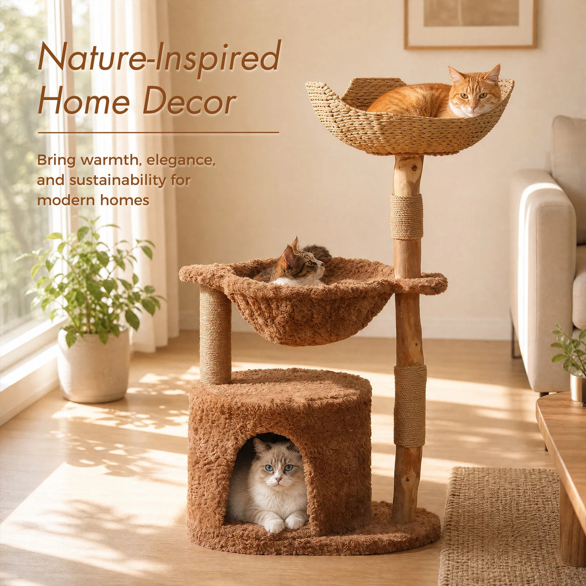 Modern Cat Tree with Large Wicker Basket Natural Solid Wood Scratching Posts Spacious Condo Hammock Luxury Cat Tower for Indoor Cat Toys