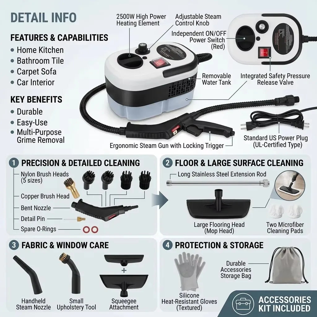 New Universal 2500W Handheld Steam Cleaner High Pressure Household Car Steam Cleaning Machine Portable Multi Purpose For Home Kitchen Bathroom Carpet Sofa Floor Window Tile Grime Removal Durable Easy Use With Nozzle Brush Sto