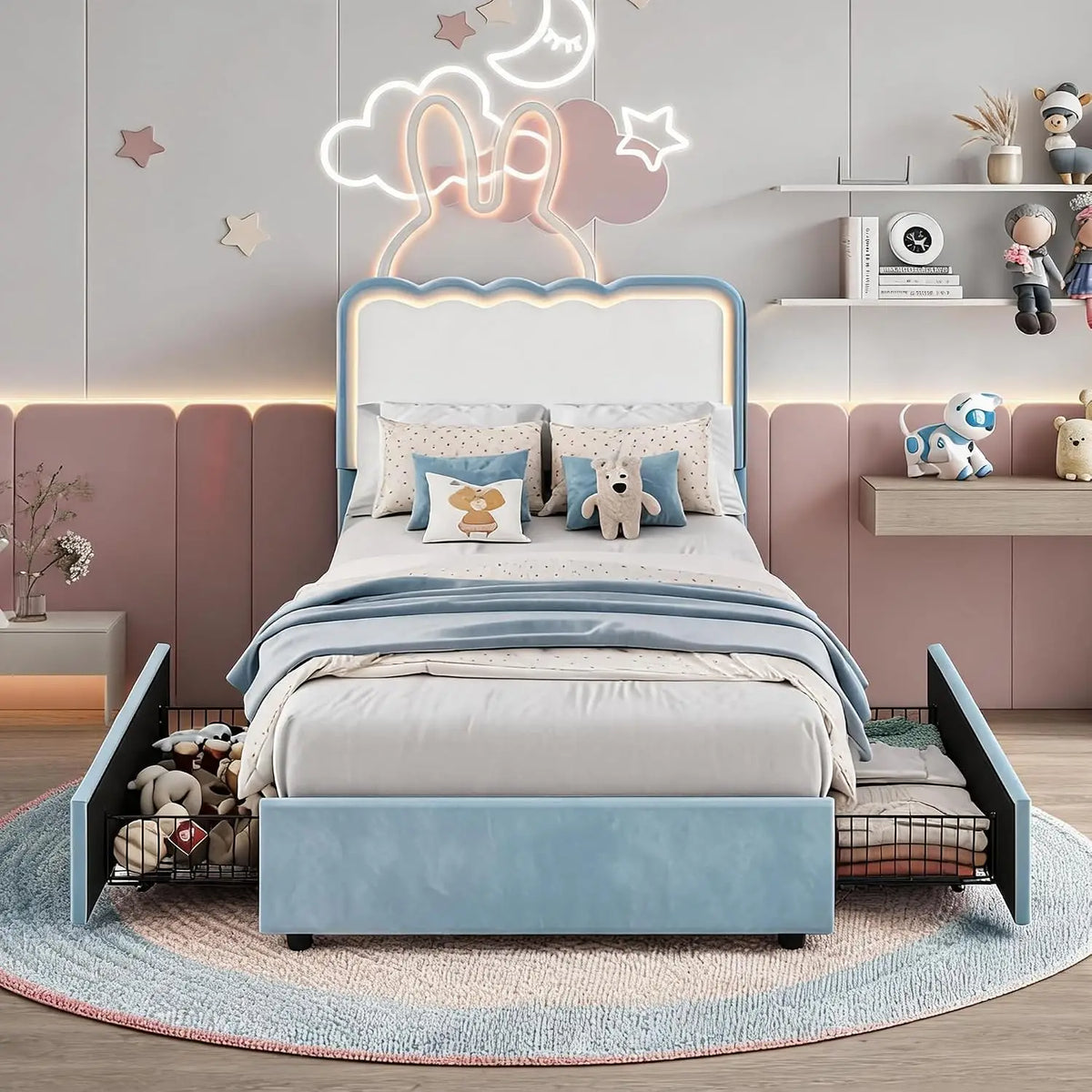 HiMiss Upholstered LED Bed Frame With Storage Drawers