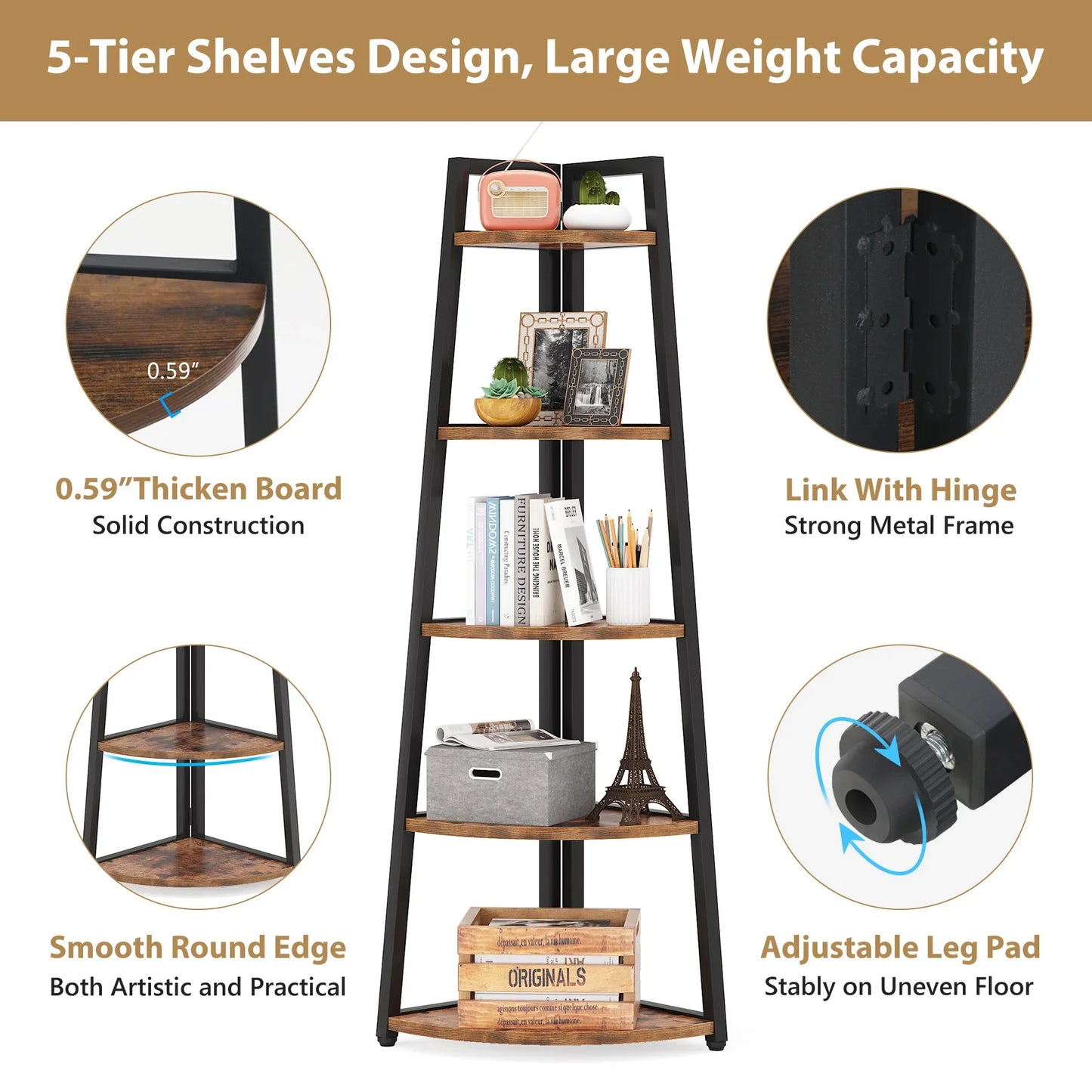 Tribesigns 5 Tier Corner Wood Bookshelf Organizer For Home