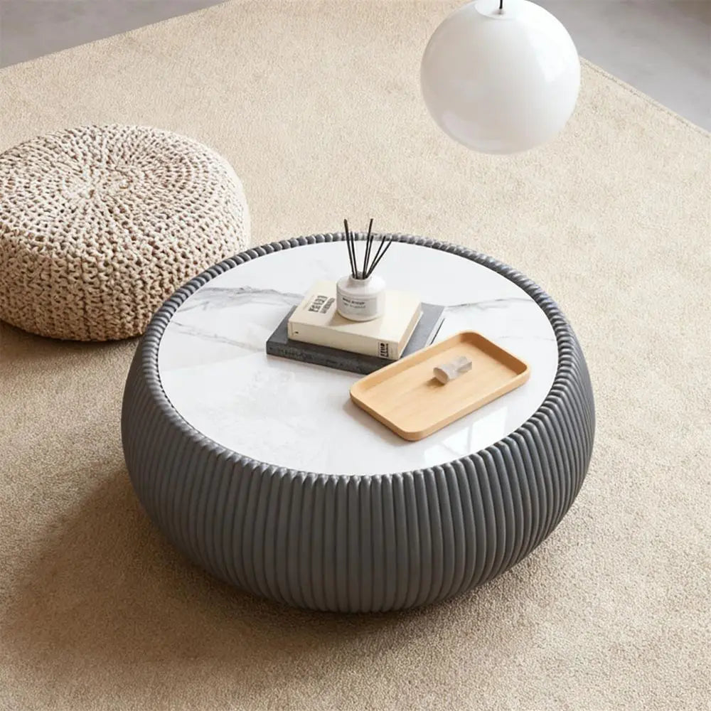 Modern Drum Coffee Table for Living Room Office, White Faux Marble Tabletop, Unique Fluted PU Leather Covered, Round Cocktail C
