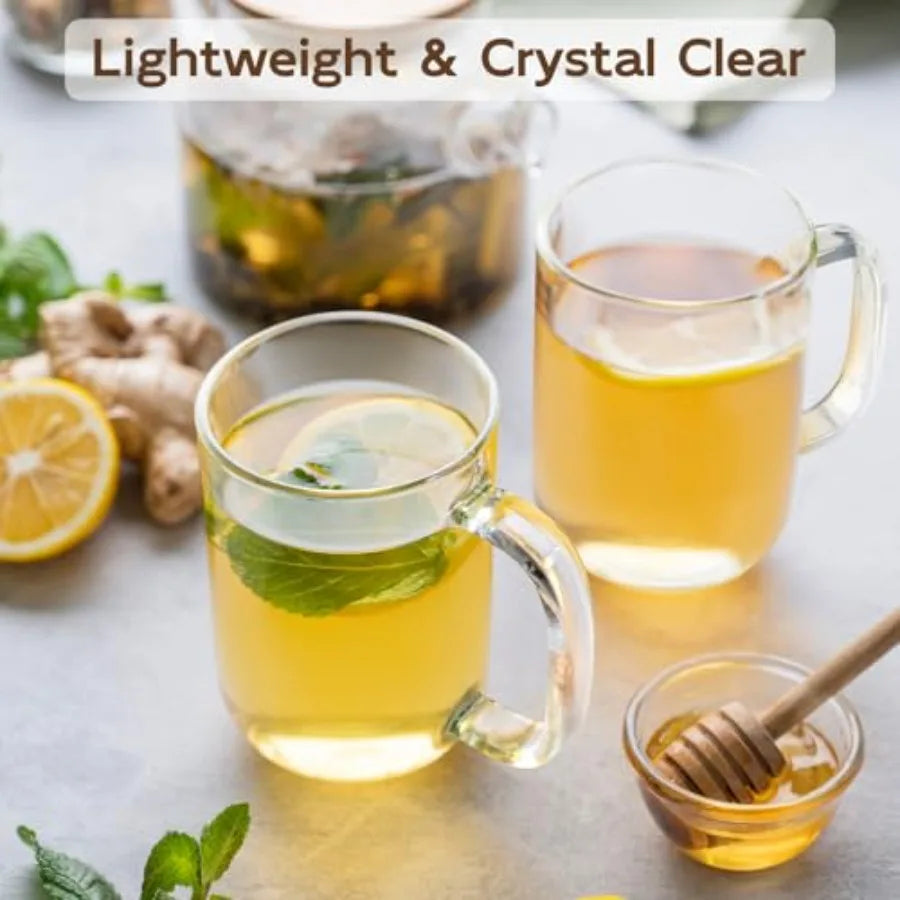 Glass Coffee Mugs, Ice Coffee Cups Set of, Large Clear Tea Cups, Glass Mugs with Handles for Hot Beverages, Glass Cups for Latt