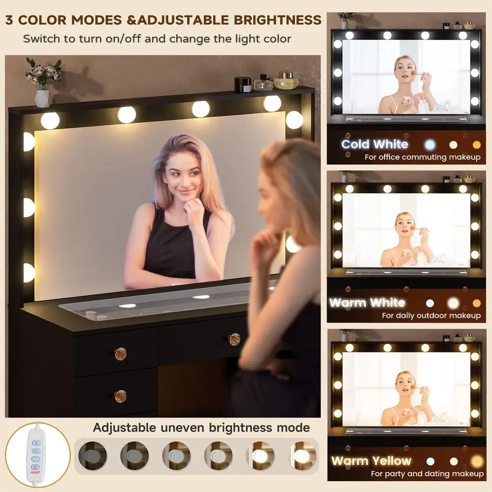 42.1 Vanity with Large Mirror and 10 LED Lights, Vanity Desk with Glasstop, 11 Drawers with Crystal Handles, Dressing Table wit